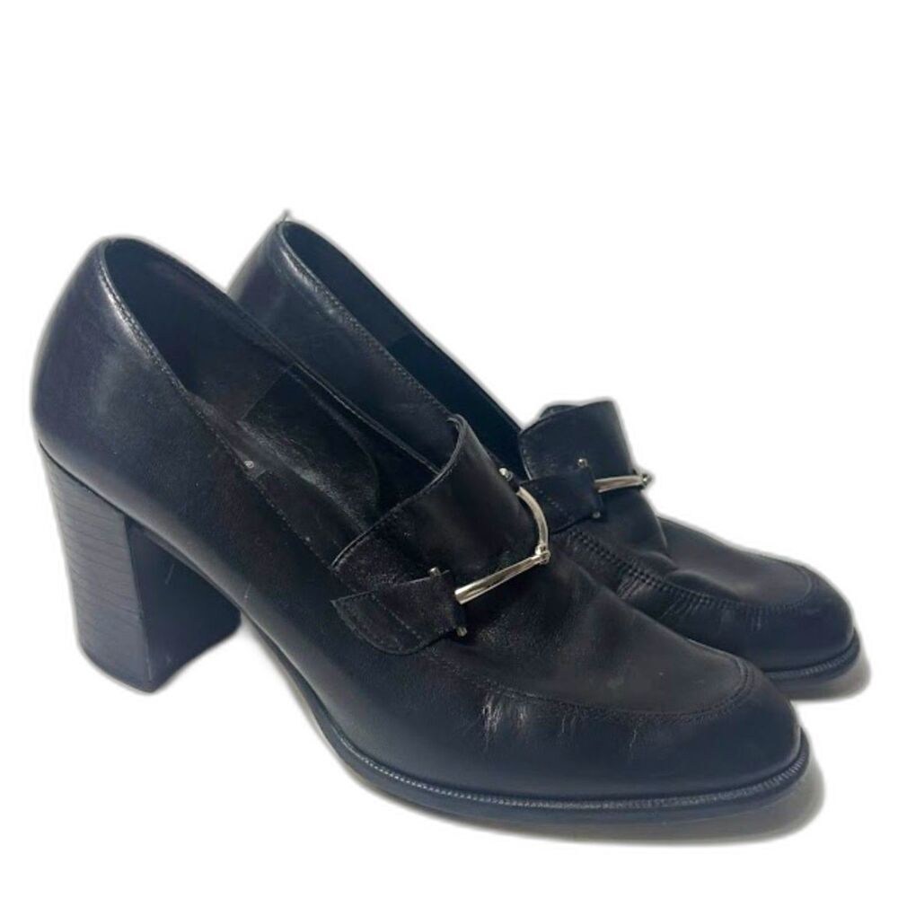 Nine West VTG 90s Leather Horsebit Mule Pumps Size 7.5 Block Heel Preppy Classic